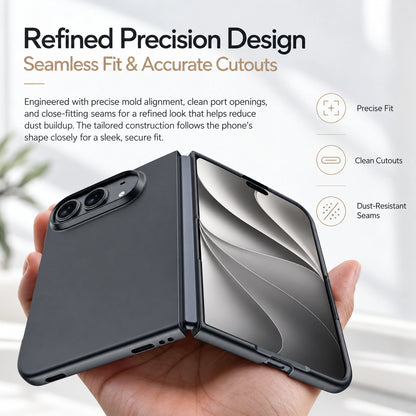 Image of iphone duo slim matte silicone case, showing refined precision foldable phone case ad.