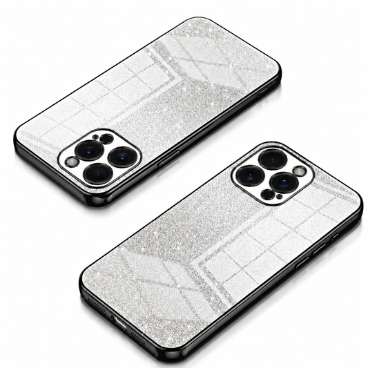 Two phones in glitter-covered cases lie diagonally with their backs facing upward on a white background. The cases are silver with black edges, with sparkling surfaces crossed by fine rectangular lines and broad angled bands. Shiny borders outline the sides and individual camera openings.