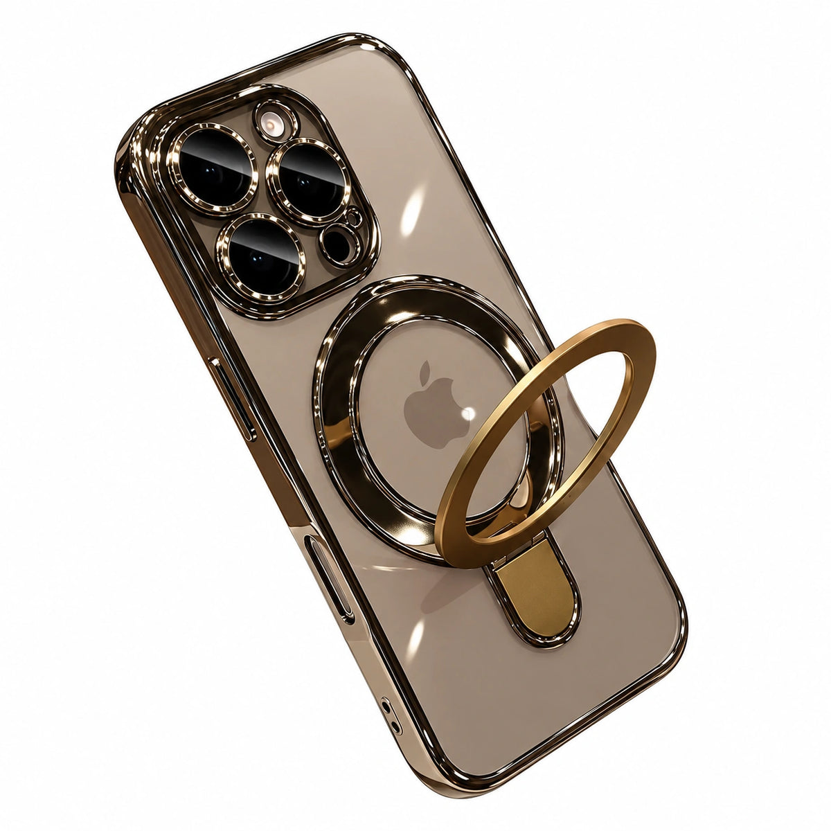 A gold-toned protective phone case with a built-in metallic ring stand, shown on a clean white background.