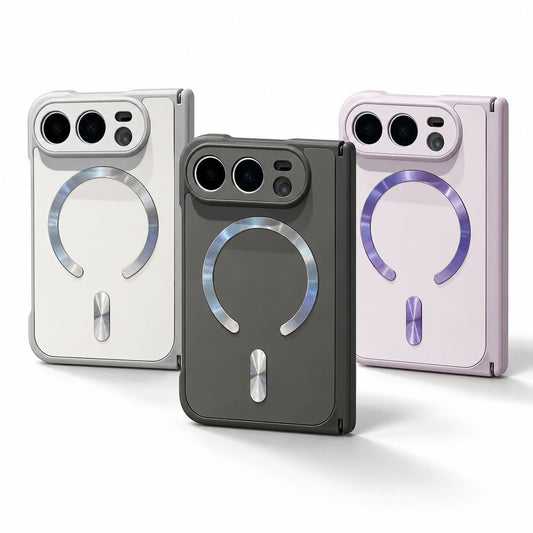 Three smartphone cases shown upright on a clean white studio background: a silver case on the left, a dark gray case in the center, and a pale lavender case on the right. Each case has a large circular MagSafe-style ring and a small vertical ring accent.